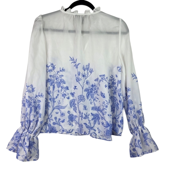 Rachel Roy White Blue Floral Ruffled Balloon Sleeve Blouse - Picture 3 of 8